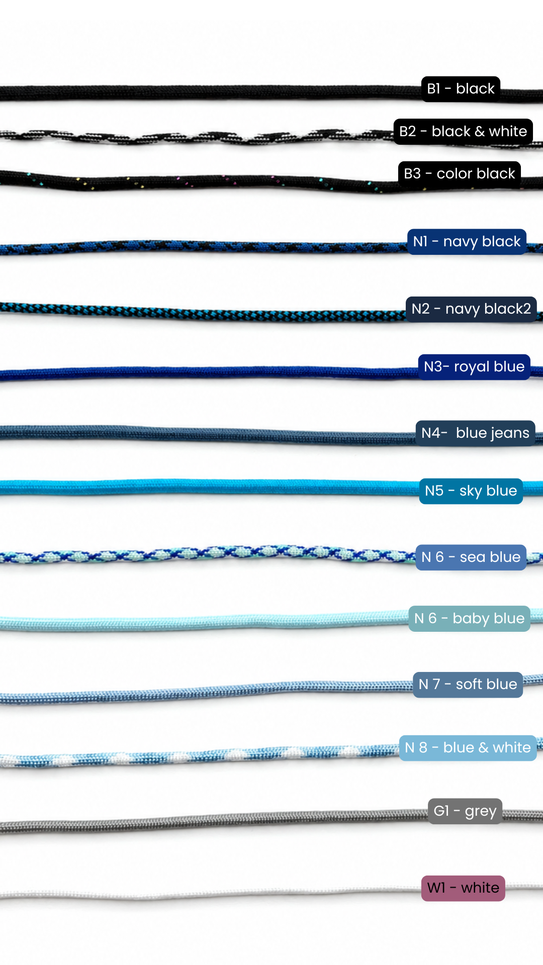 Katalog kolorów sznurków Surfcraftstories: czernie, granaty, błękity, szarość i biel